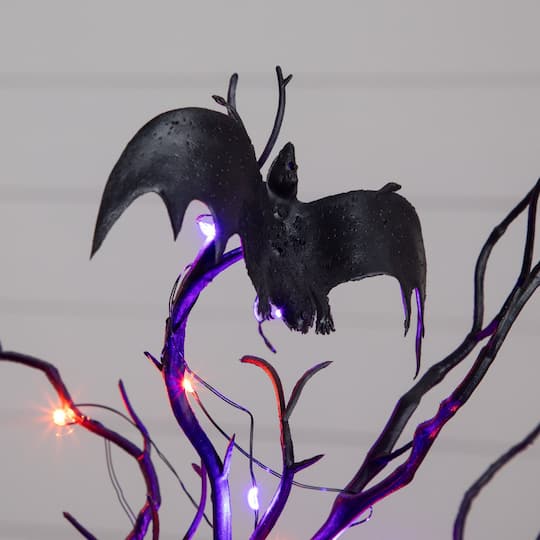 16" Pre-Lit Artificial Halloween Black Spooky Twig Tree with Bats and 20 Orange & Purple LED Lights